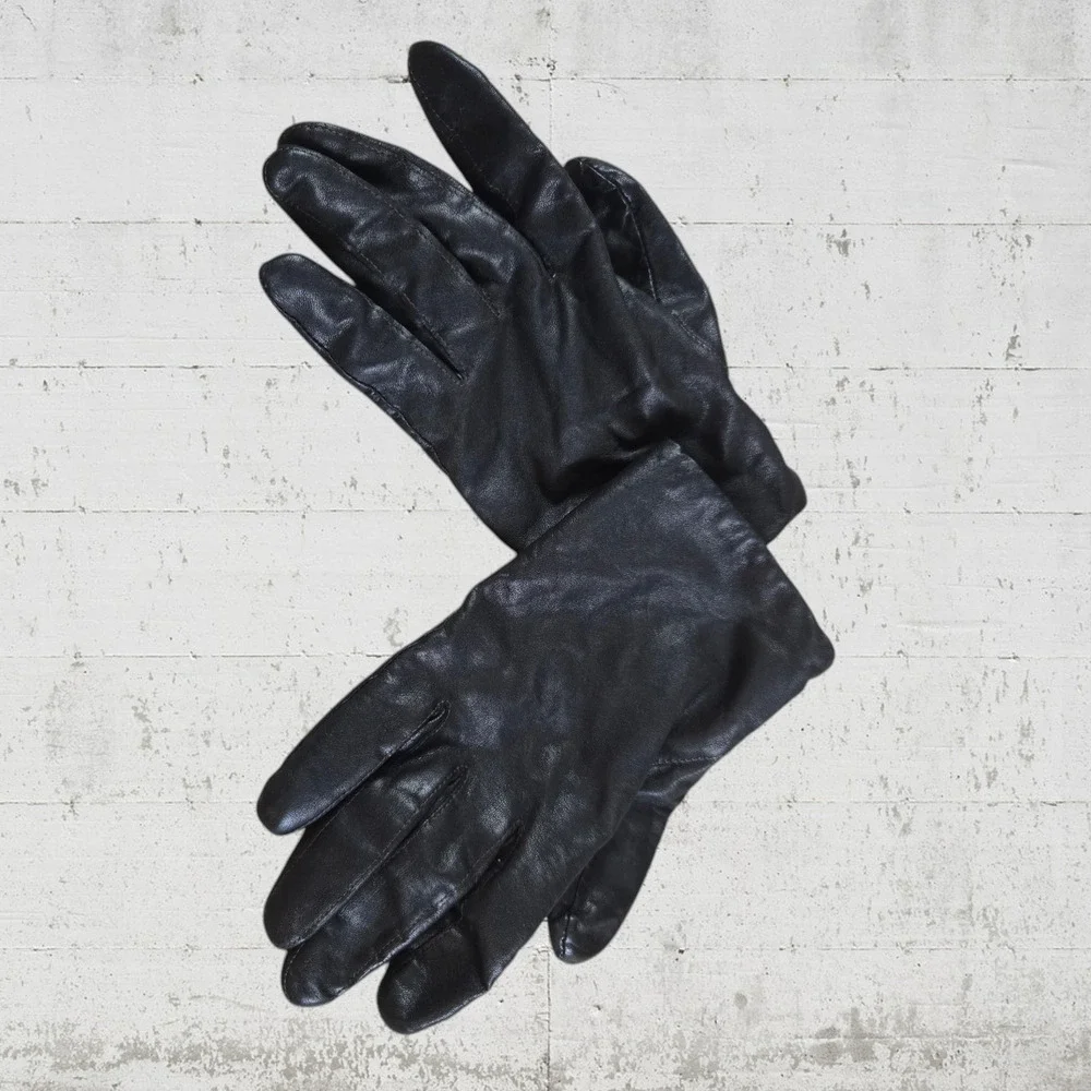 Vintage 70s Black Leather Wool Blend Lined Driving Gloves Size Small